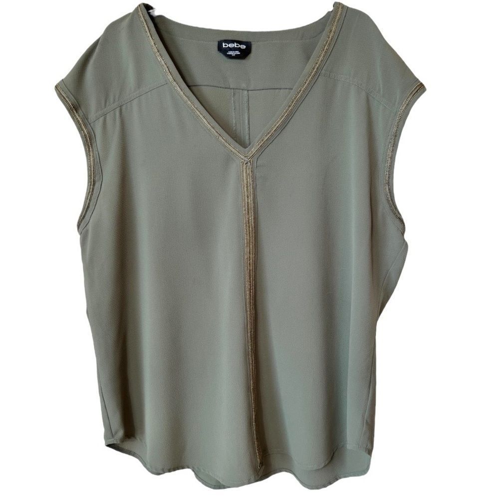 Bebe Olive Green Beaded Trim Sleeveless Blouse